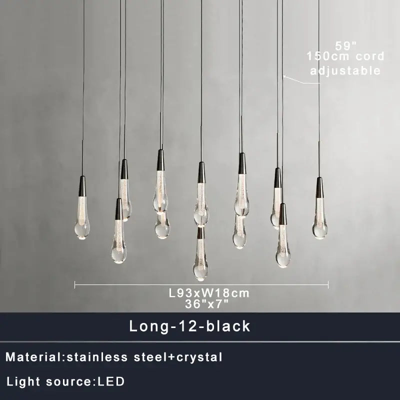Set of twelve modern black pendant lights with clear droplet shades and stainless steel fixtures for brass crystal ceiling decorbites