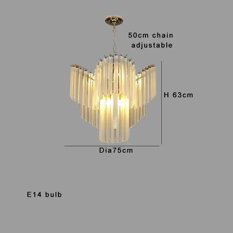 Modern brass crystal glass chandelier featuring frosted glass tubes with cascading rods for elegant dining room decorbites crystal glass design