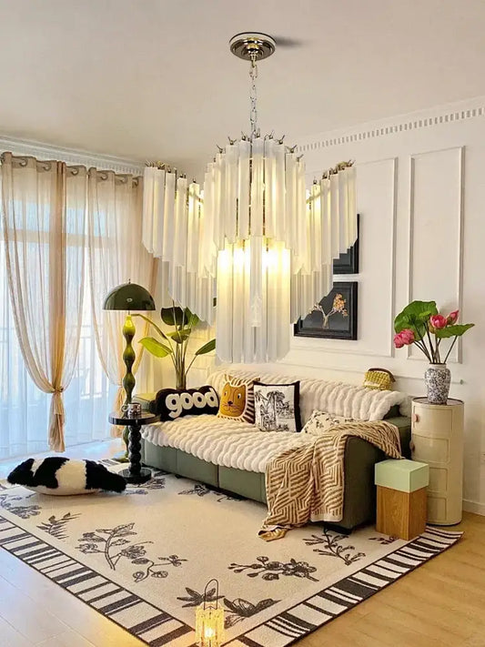 Modern brass crystal glass chandelier with cascading translucent glass rods for dining room decorbites crystal glass design