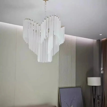 Modern brass crystal glass chandelier with white heart shape and cascading glass panels for dining room decorbites crystal glass