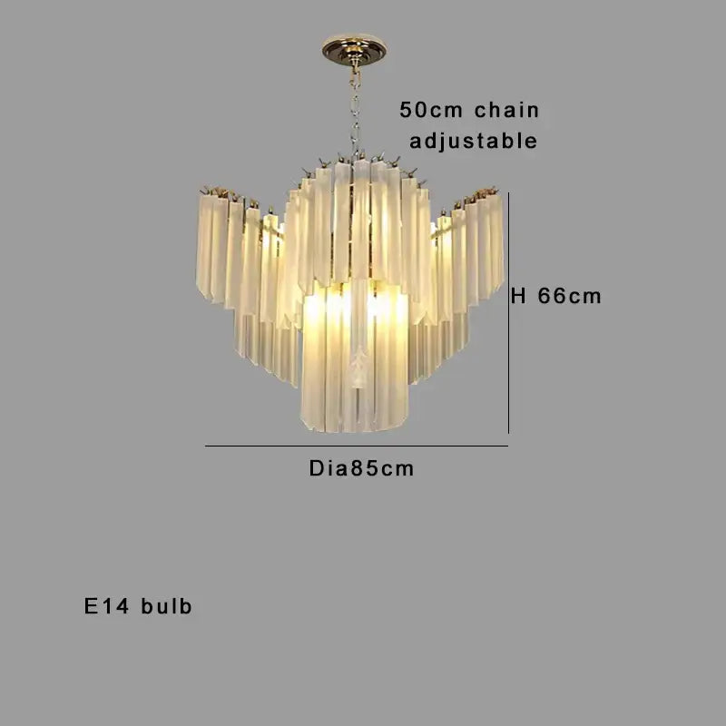 Modern brass crystal glass chandelier with translucent frosted tiered rods suspended by 50cm chain for dining room decorbites crystal glass
