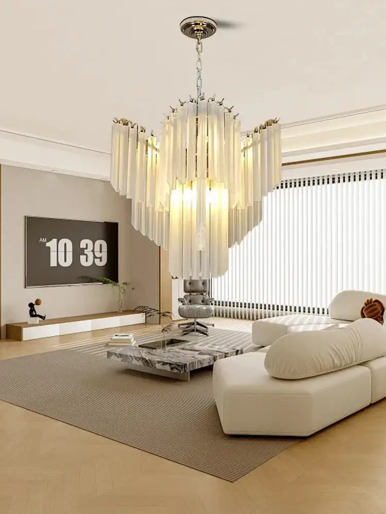 Modern brass crystal glass chandelier with cascading translucent glass panels for elegant dining room decorbites crystal glass