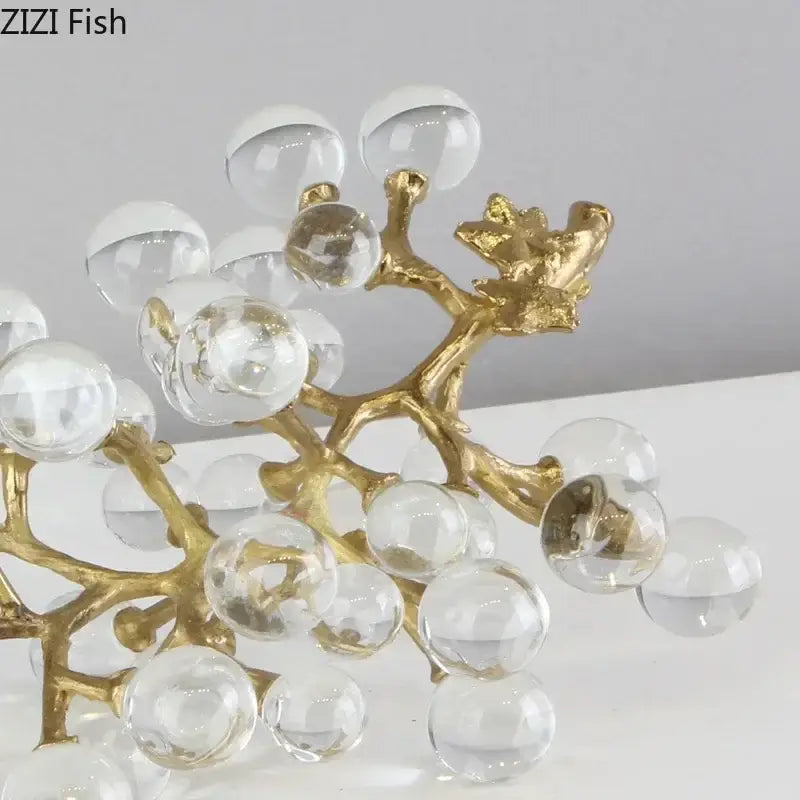 Modern brass crystal grape living room sculpture with gold-toned coral design and clear glass spheres crystal grape ornaments