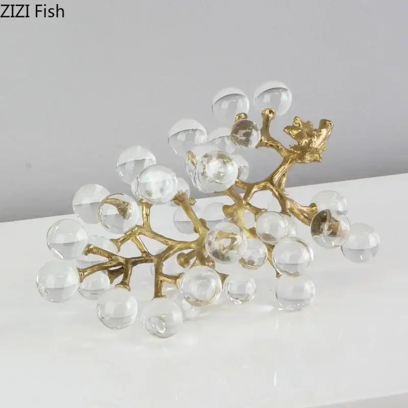 Modern brass crystal grape living room sculpture with gold-toned branch and clear faceted crystal grape ornaments