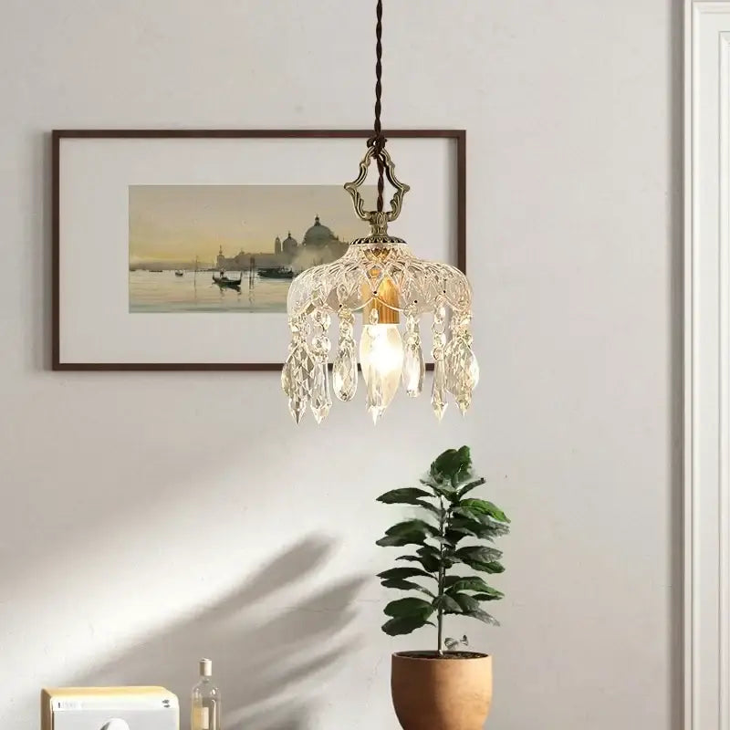 Antique brass ceiling light with dangling crystal droplets and ornate frame decorbites crystal led ceiling pendant