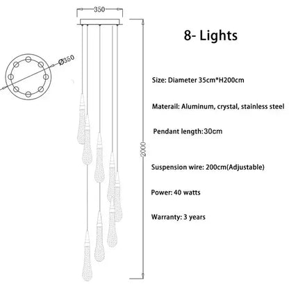 Modern brass crystal led chandelier with eight lights, sleek aluminum and stainless steel frame, and decorbites crystal pendants