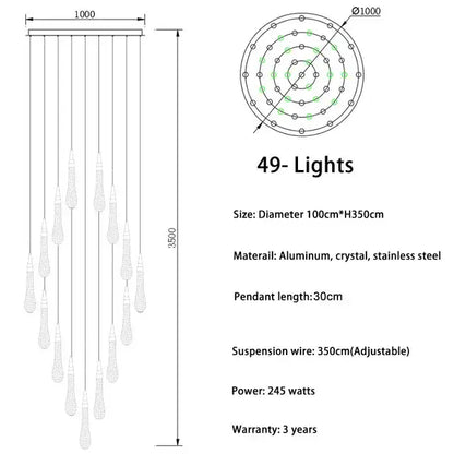 Modern brass crystal led chandelier with 49 lights in concentric rings featuring aluminum and stainless steel decorbites crystal led