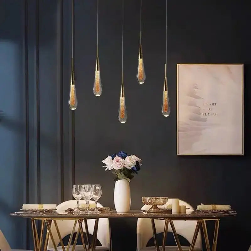 Five modern brass crystal led chandelier teardrop pendants with gold and clear glass for dining room decorbites crystal led