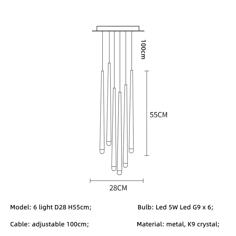 Modern brass crystal led pendant chandelier with six slender k9 crystal led fixtures for villa stairs decorbites crystal led