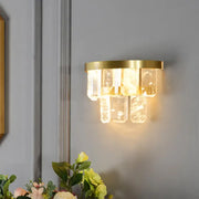 Modern brass crystal sconce light with gold metal frame and cascading clear shades featuring smd led bulb modern style