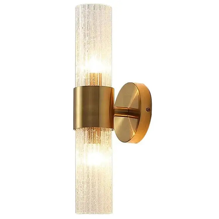 Modern brass crystal led wall lamp featuring a gold-toned textured glass cylinder with brushed brass accents for bedroom decorbites crystal led wall use