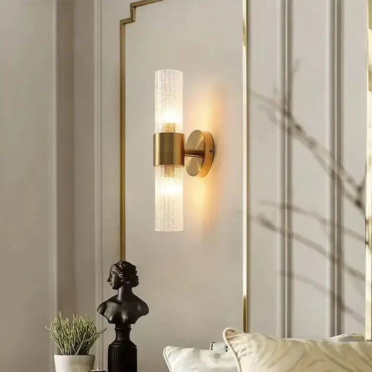Modern brass crystal led wall lamp with gold-toned sconce and textured frosted glass for warm bedroom decorbites crystal led lighting