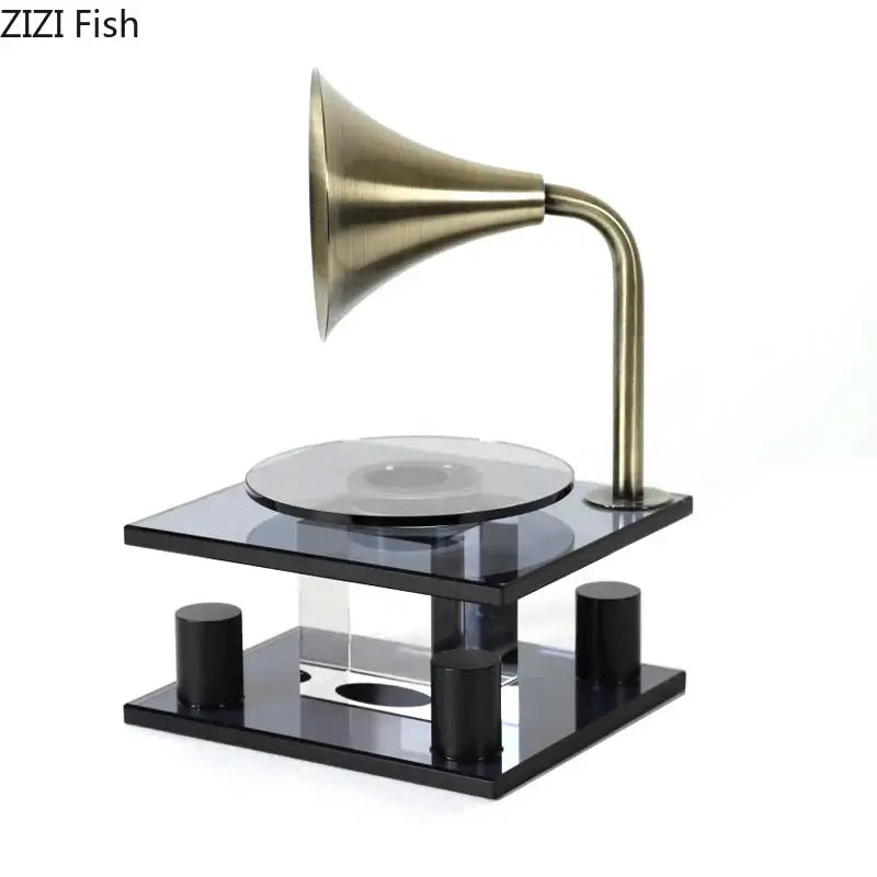 Antique brass-colored gramophone style record player with glass platter and black acrylic base for decorbites crystal music equipment