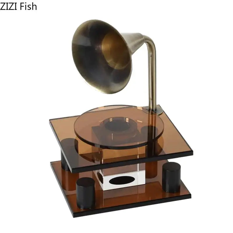 Antique-style brass horn gramophone music equipment model with amber acrylic base and black feet for decorbites crystal music decor
