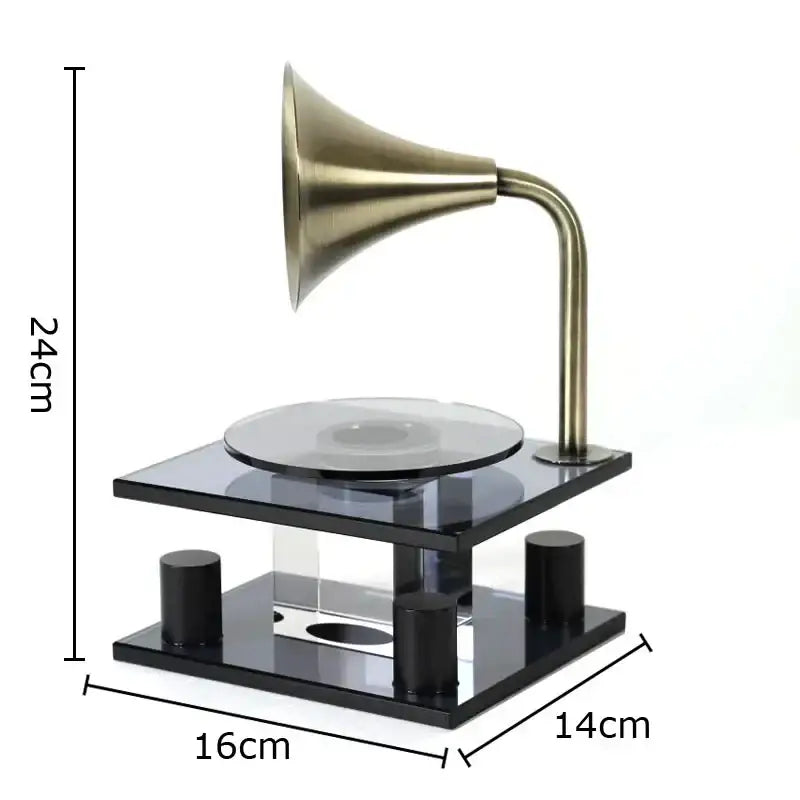 Modern brass crystal music equipment model featuring a brass vintage-style gramophone digital record scanner with glass turntable and black acrylic base for amber living room decorbites crystal music collection