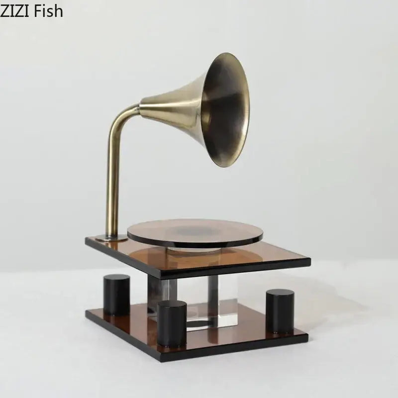Modern brass crystal music equipment model featuring a vintage-style gramophone with brass and dark wood decorbites crystal music