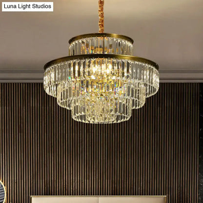 DecorBites™ modern crystal prism pendant light with gold metal accents and clear glass prisms for living room lighting