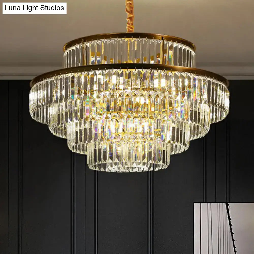 DecorBites™ modern crystal prism pendant light with multi-tiered clear prisms and gold-toned metal for living room use