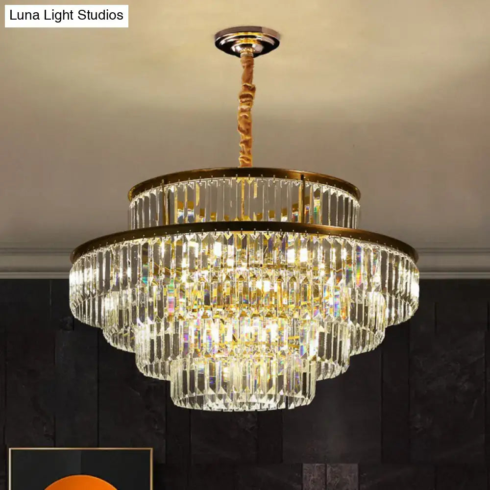 Decorbites™ modern crystal prism pendant light featuring multi-tiered clear glass prisms with gold-toned accents for living room