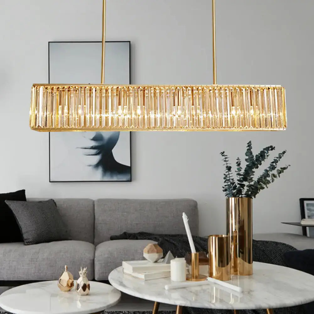 Modern brass crystal rectangle chandelier with vertical crystal rods and hanging chains for dining room e26 e27 bulb base 220v-240v