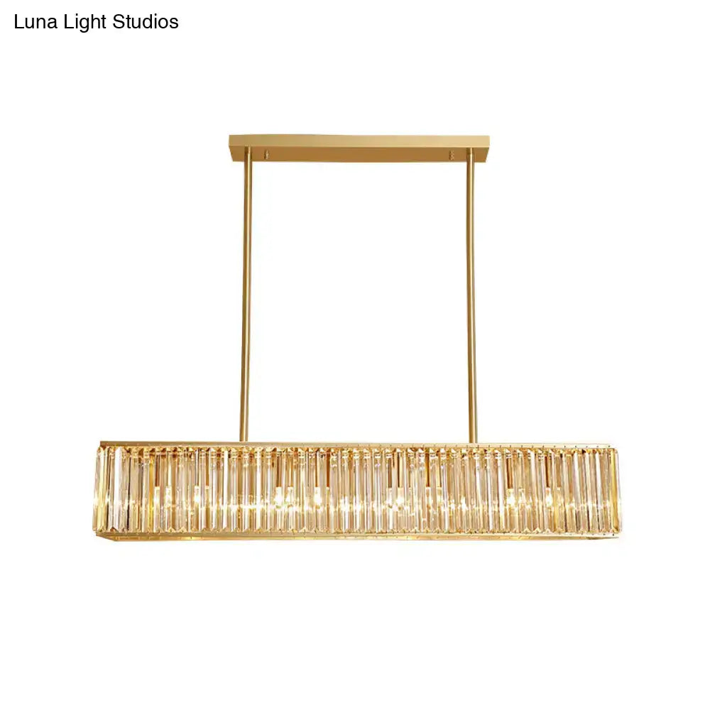 Modern brass crystal rectangle chandelier with gold finish and vertical rods suitable for 220v-240v e26 e27 bulb base