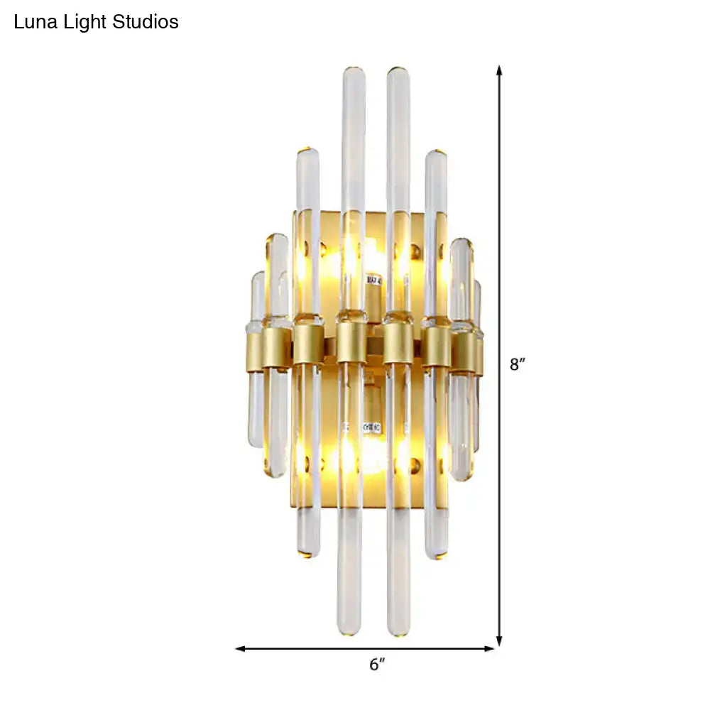 Modern brass crystal tube wall lighting featuring gold-toned sconce with clear crystal tube radial arrangement for living room