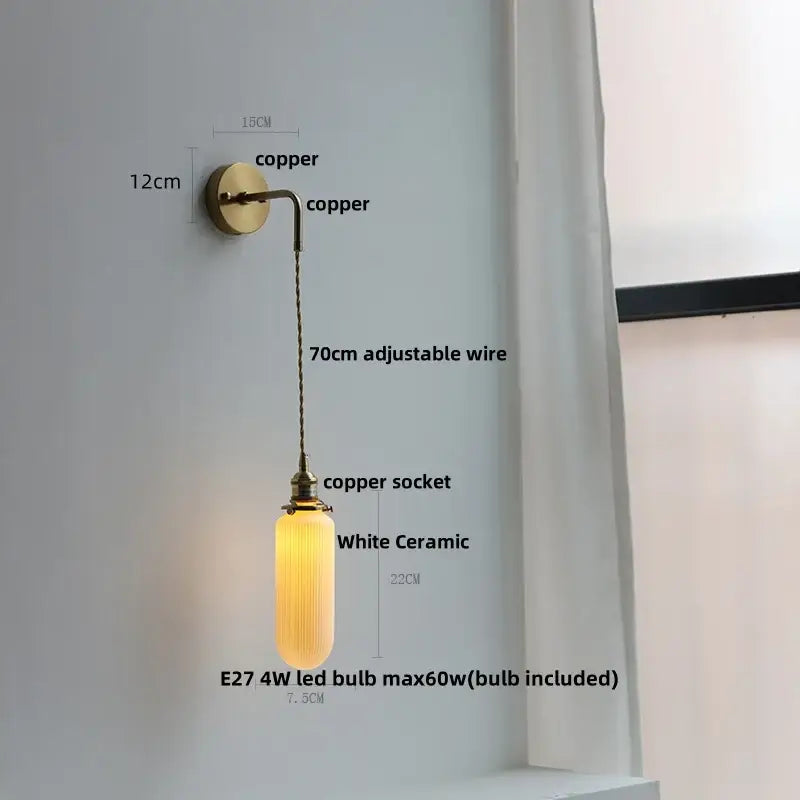Modern brass crystal wall lamp with copper finish, white ceramic lampshade, adjustable wire, ideal bathroom mirror wall lamp decorbites clear glass