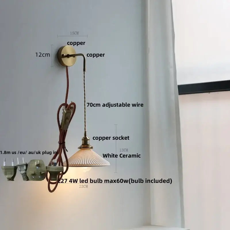 Modern brass crystal wall lamp with copper sconce, white ceramic lampshade, and adjustable wire for decorbites clear glass decor