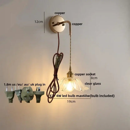 Modern brass wall lamp with copper finish clear glass flower-shaped shade and 18cm cord for bathroom mirror light decorbites clear glass