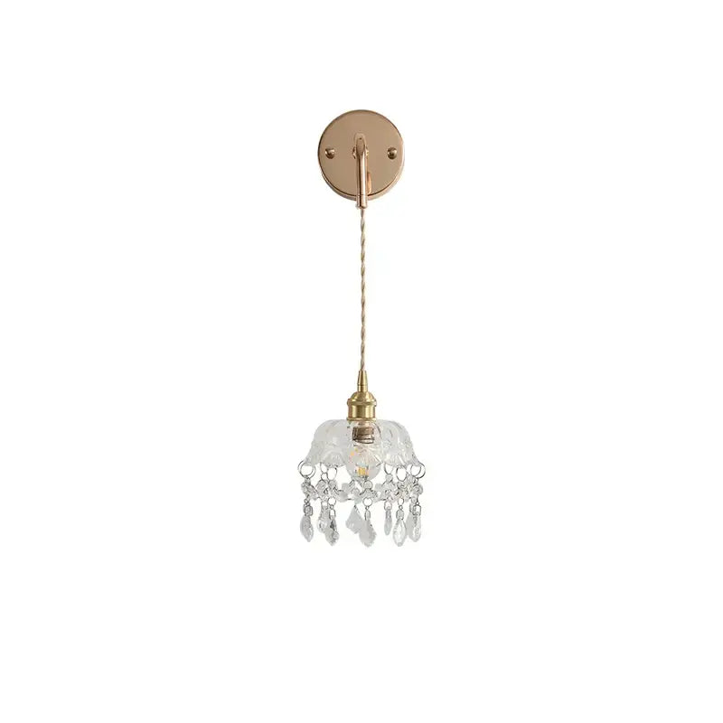 Modern brass crystal wall lamp with clear glass shade and dangling crystal droplets for bathroom mirror decorbites clear glass