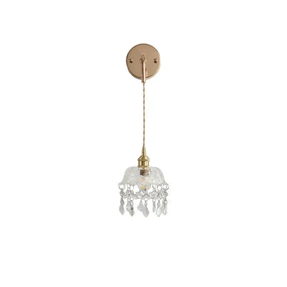 Modern brass crystal wall lamp with clear glass shade and dangling crystal droplets for bathroom mirror decorbites clear glass