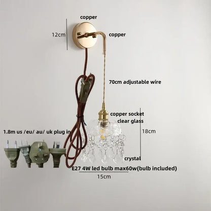 Modern brass crystal wall lamp with copper finish clear glass shade and dangling crystals for bathroom mirror decorbites clear glass