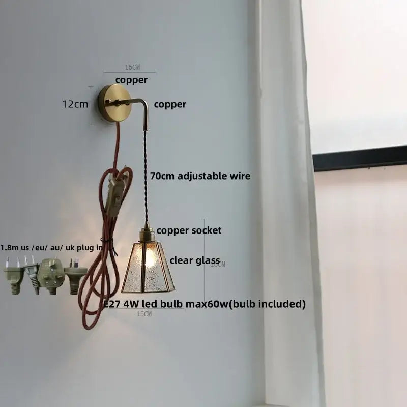 Modern brass cube led wall lights with copper sconce, clear glass shade, adjustable wire, and pull switch for bedroom decorbites led wall