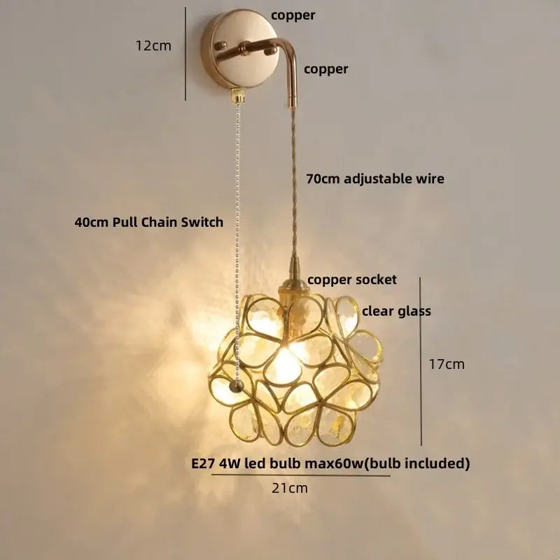 Modern brass cube led wall lights with copper floral glass sconce featuring adjustable wire and pull chain switch decorbites led wall