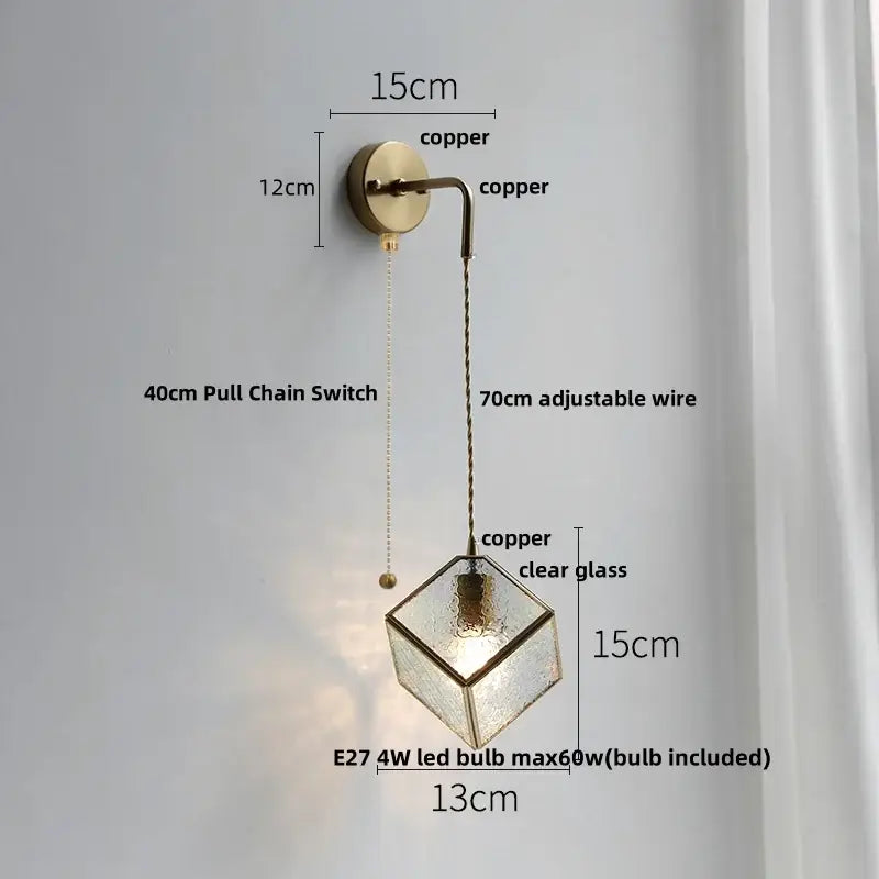 Copper-finished modern brass cube led wall light with clear glass shade and adjustable wire for bedroom decorbites led wall use