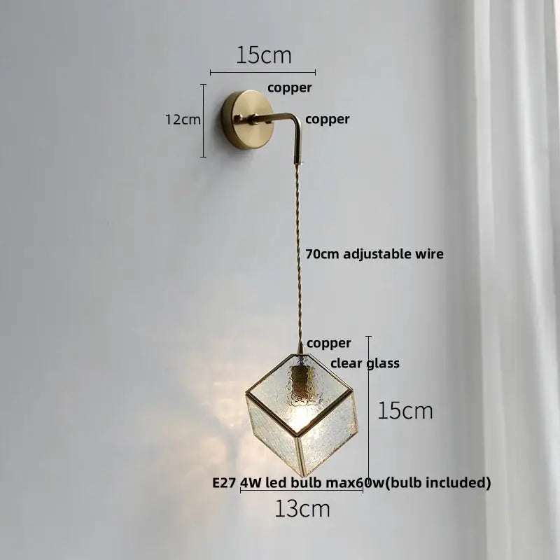 Copper-finished modern brass cube led wall light with clear glass pendant and adjustable wire decorbites led wall sconce