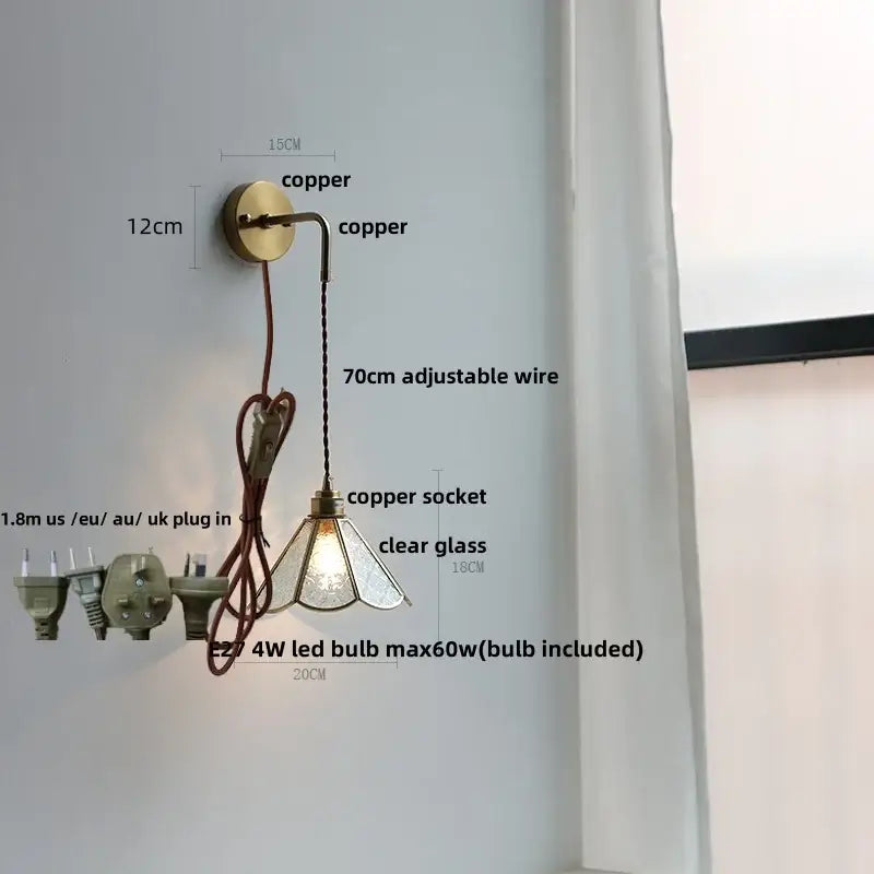 Modern brass cube led wall lights with a vintage brass copper fixture, clear etched glass shade, and adjustable wire by decorbites