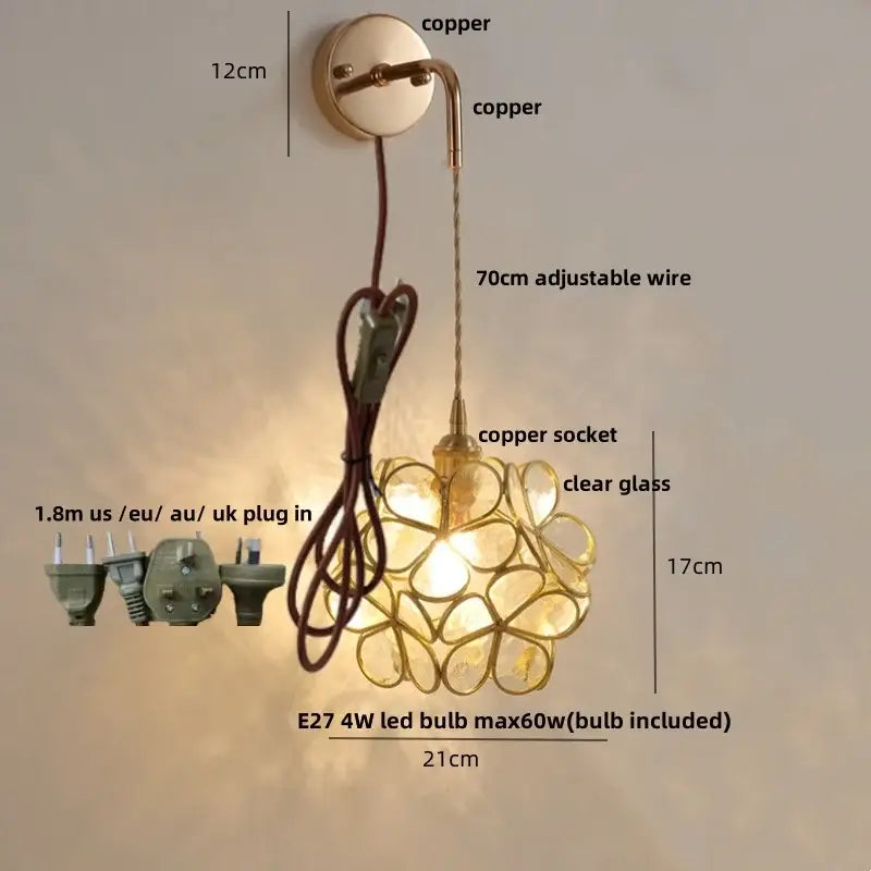 Modern brass cube led wall light with warm copper finish and flower-like clear glass shade for bedroom decorbites led wall