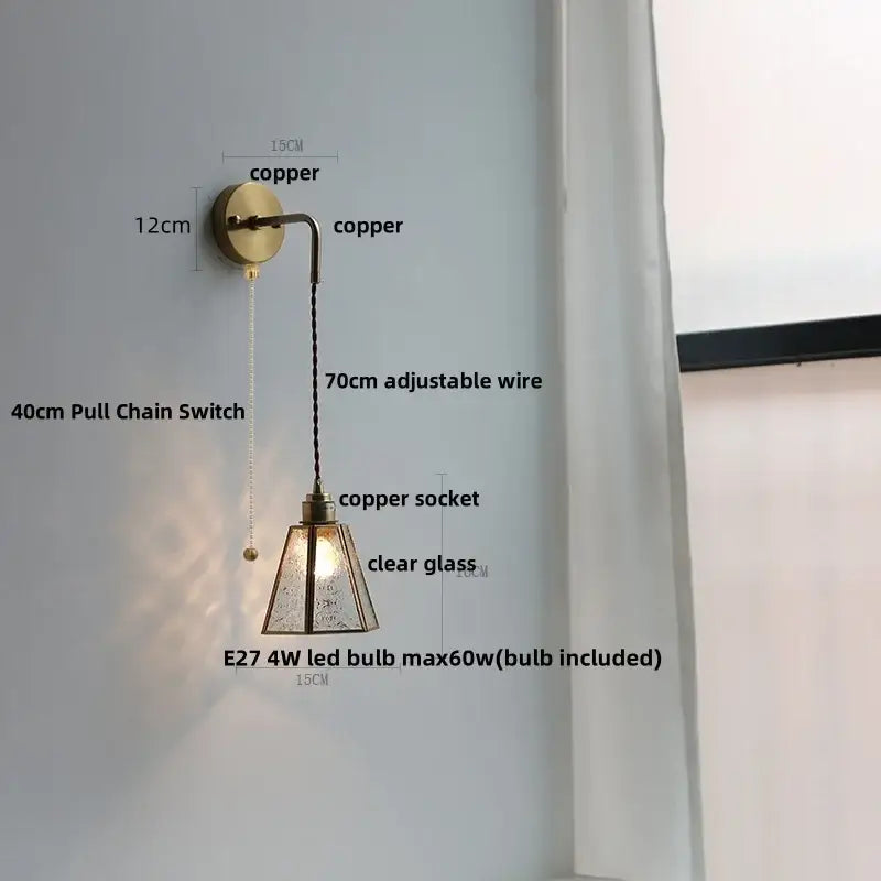 Copper-finished modern brass cube led wall light with clear glass shade and adjustable 70cm wire, decorbites led wall sconce