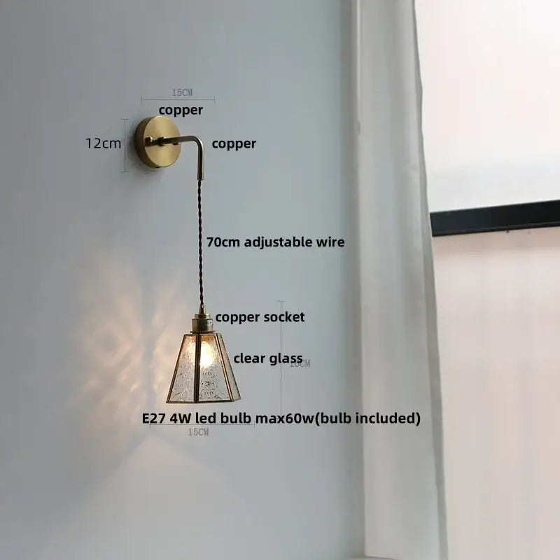 Copper-finished modern brass cube led wall light with clear textured glass shade and adjustable 70cm wire for bedroom decorbites led wall