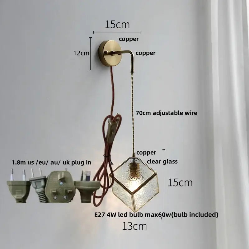 Copper-finished modern brass cube led wall light with clear glass shade and adjustable wire for bedroom decorbites led wall design
