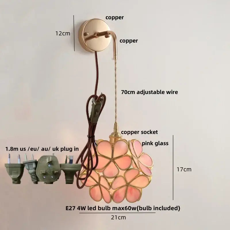 Modern brass cube led wall lights featuring a delicate pink glass pendant with copper finish and adjustable wire decorbites led wall