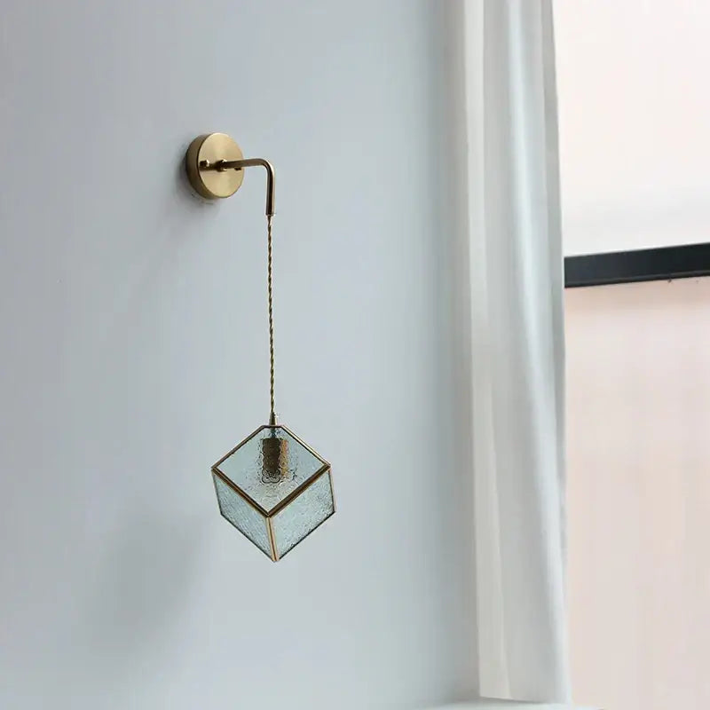 Modern brass cube led wall lights with geometric faceted glass pendant and pull switch for bedroom decorbites led wall
