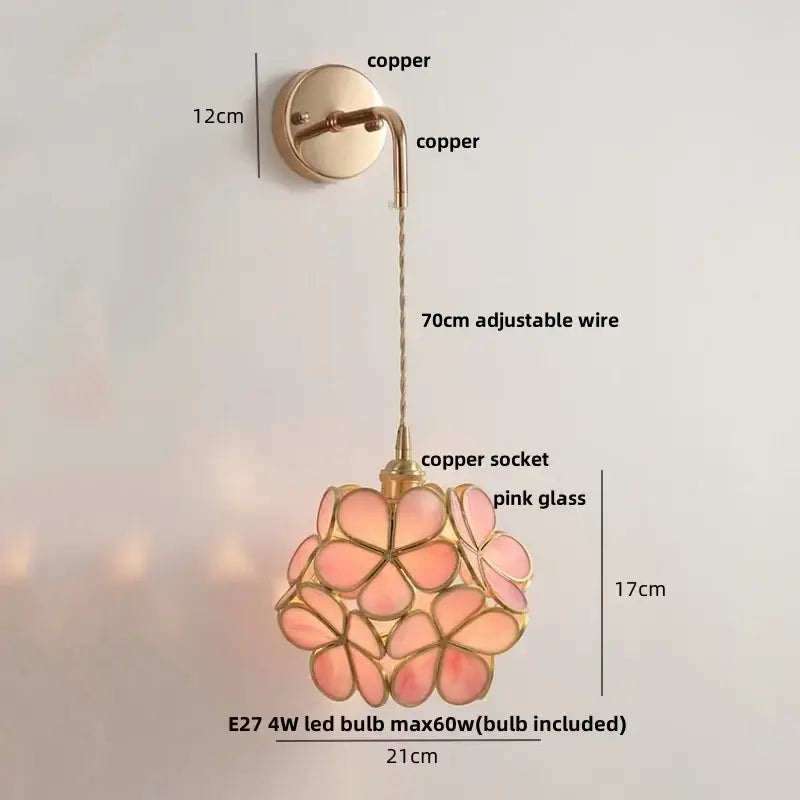 Modern brass cube led wall lights with a delicate pink glass flower pendant and copper accents for bedroom decorbites led wall use
