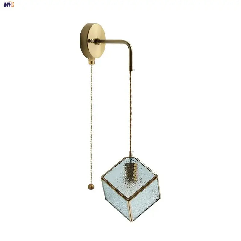 Modern brass cube led wall light with faceted glass shade and twisted cord pull switch for bedroom decorbites led wall use