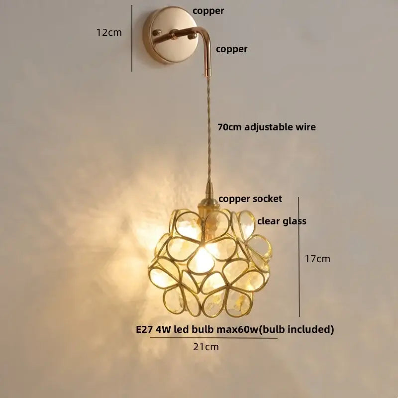 Copper wall sconce with clear glass flower design and copper wire for bedroom decorbites led wall lights with pull switch