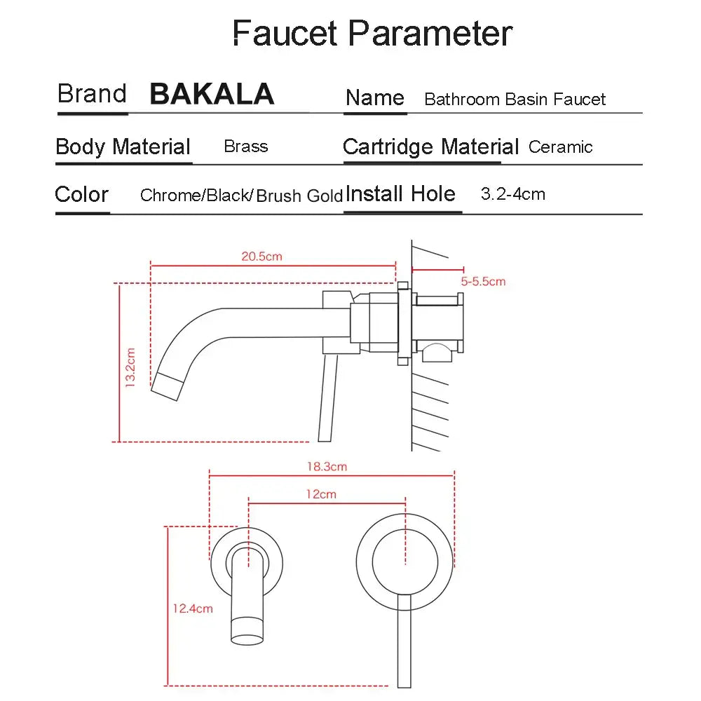 Modern brass curved wall mounted Bakala bathroom basin faucet with brass body ceramic cartridge in chrome black or brush gold finish