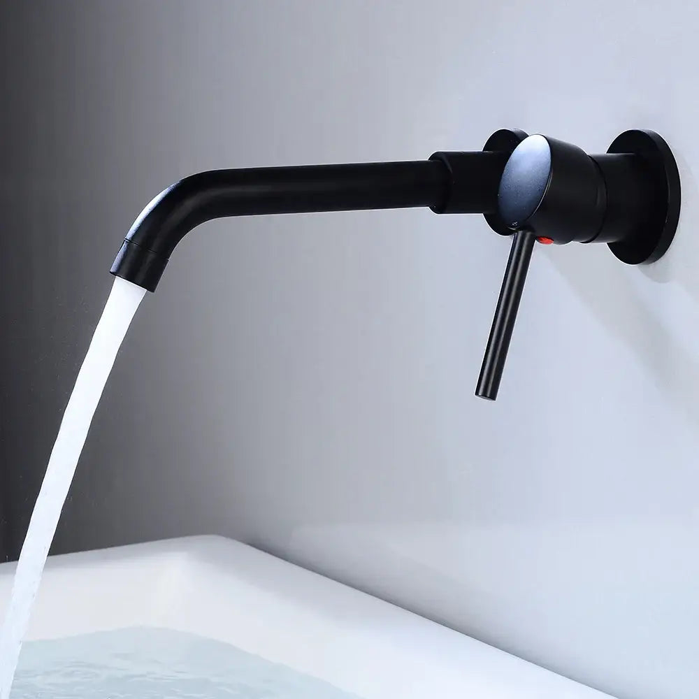 Modern brass curved wall mounted bathroom faucet with black matte finish and sleek single lever handle