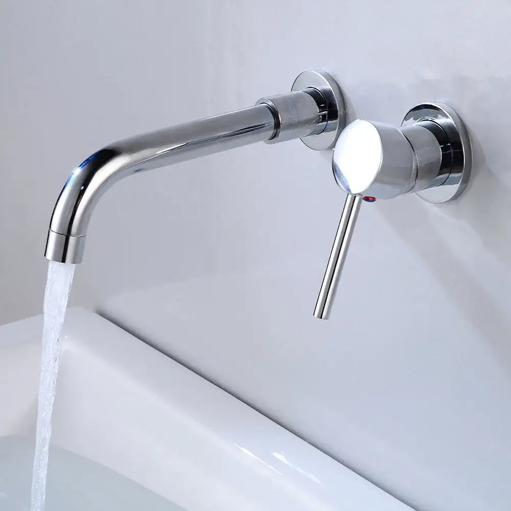 Modern brass curved wall mounted faucet with chrome finish sleek curved spout and cylindrical handle for bathroom use