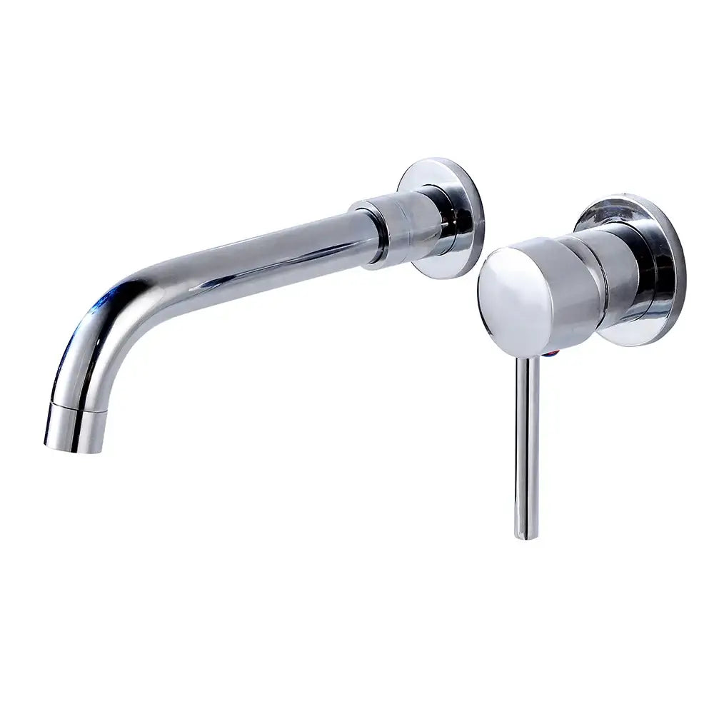 Modern brass curved wall mounted bathroom faucet with chrome finish and separate cylindrical handle in sleek design